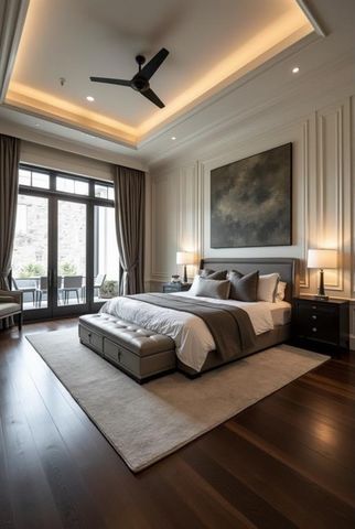 a bedroom with large bed and a large window