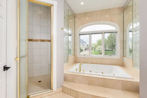 a bathroom with a bathtub and a shower