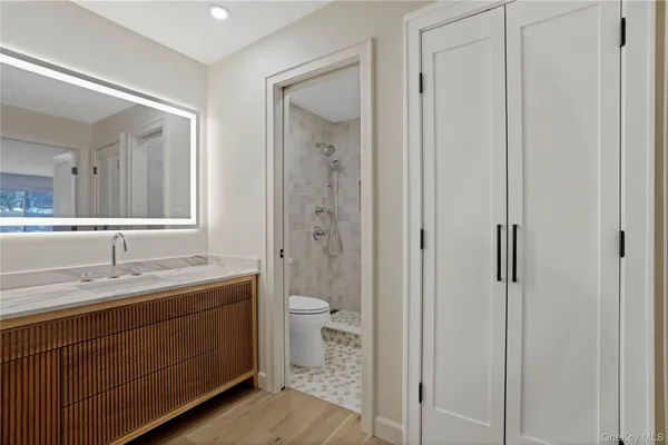 a bathroom with a granite countertop sink toilet and shower