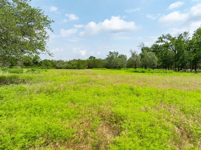 a yard with green space and car parked