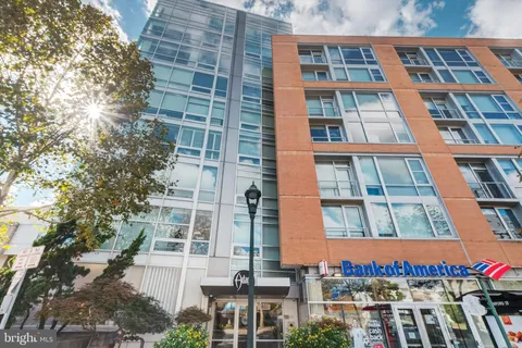 a view of a building with a large window