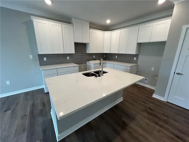 a kitchen with a sink a stove and cabinets