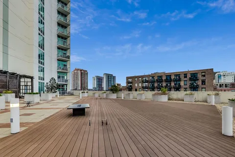 a view of tall buildings