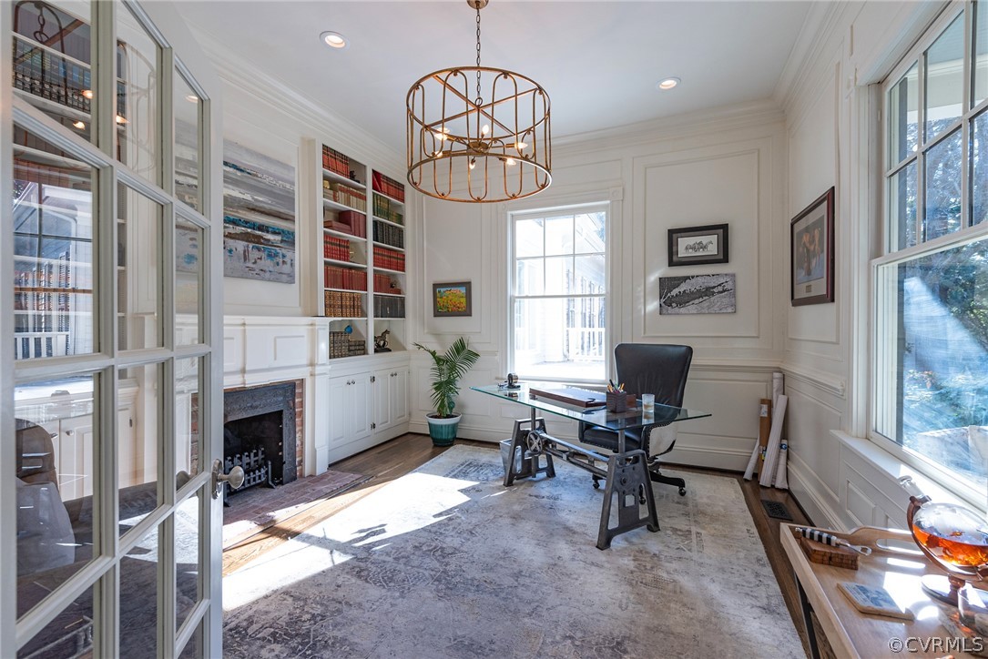 Front office with built-ins and fireplace