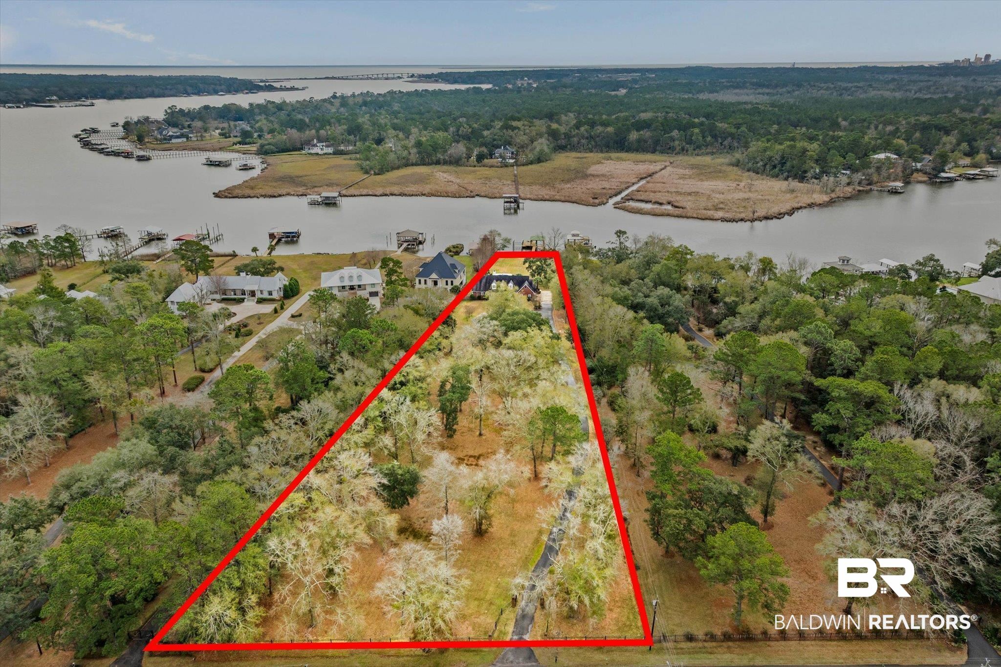 4851 Audubon Drive Mobile, AL 36619 - Photo 40 of 46 Aerial view of property and surrounding area featuring a large body of water and property parcel outlined