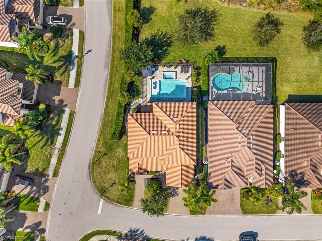an aerial view of a house with a garden
