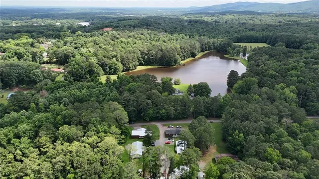 an aerial view of green landscape with trees houses and mountain view