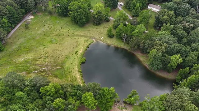 an aerial view of a residential houses with outdoor space and trees