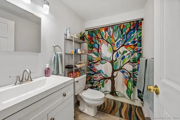 a bathroom with a sink mirror and toilet