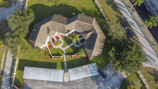 an aerial view of a highlighted house