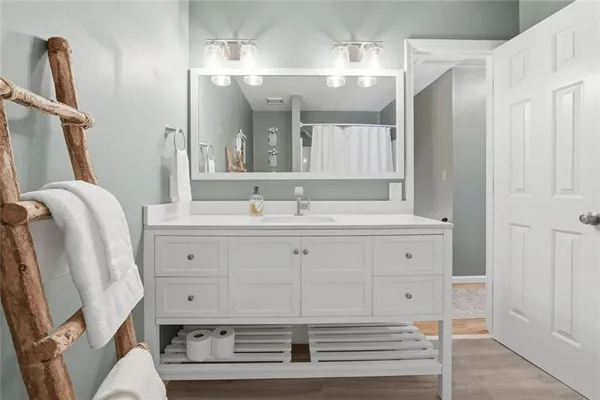 a bathroom with a sink double vanity and a mirror