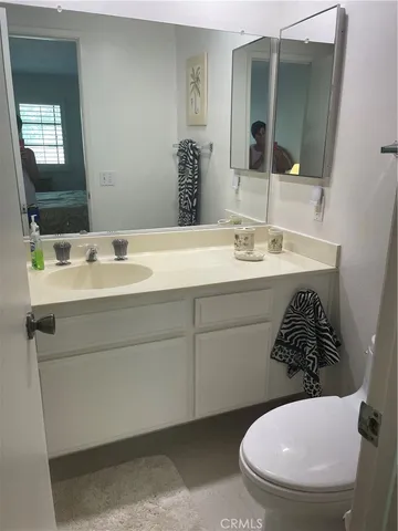 a bathroom with a sink a toilet and mirror