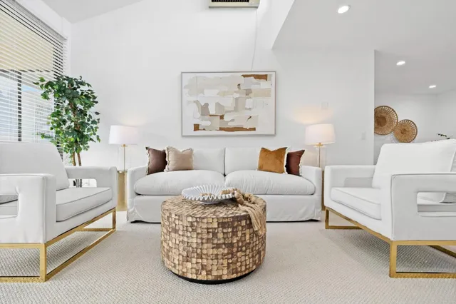 a living room with furniture and a potted plant