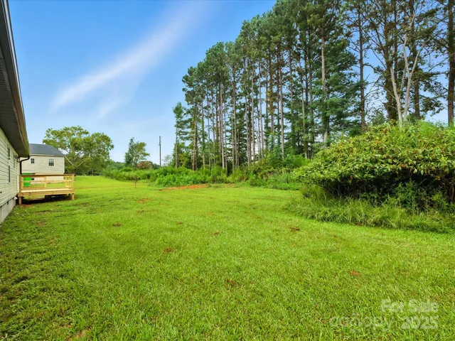 a garden with trees in front of it