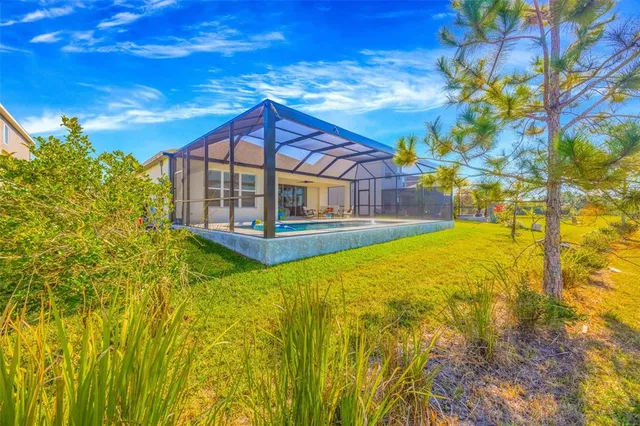 an aerial view of a swimming pool