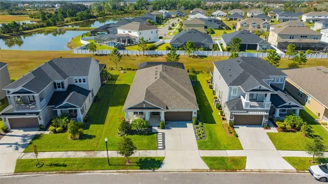 an aerial view of residential house with outdoor space and swimming pool