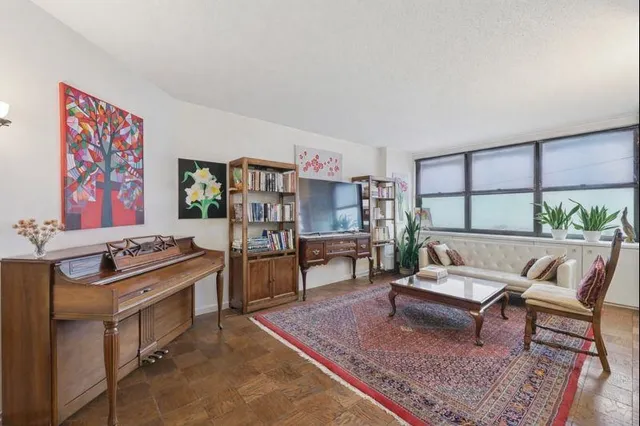 a living room with furniture and a rug
