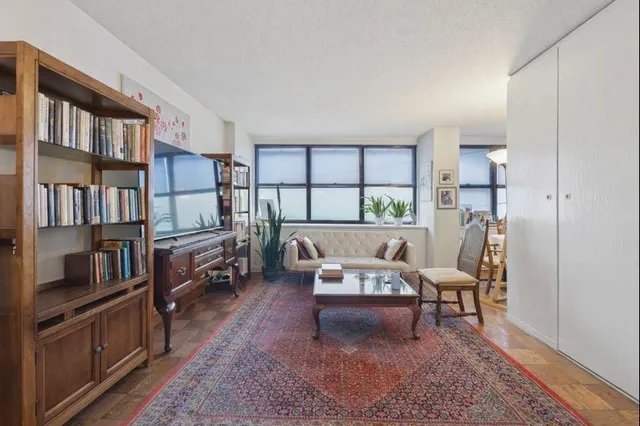 a living room with furniture and a book shelf