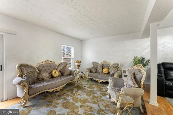 a living room with furniture rug and wooden floor