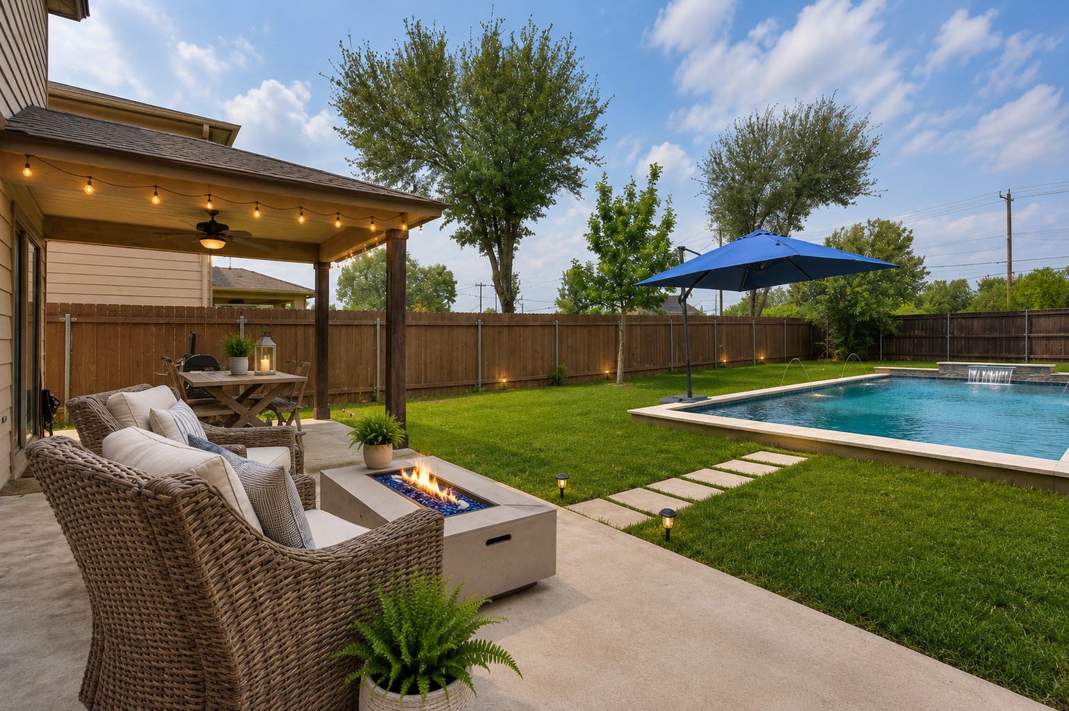 A private backyard oasis features a covered patio, fire pit, and refreshing in-ground pool. (virtually staged)