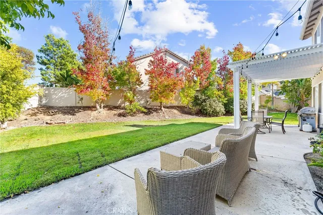 a view of a patio with a fountain back yard