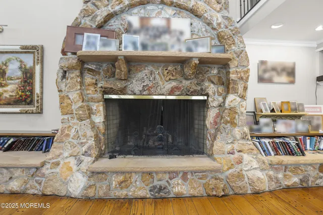 a living room with a fireplace