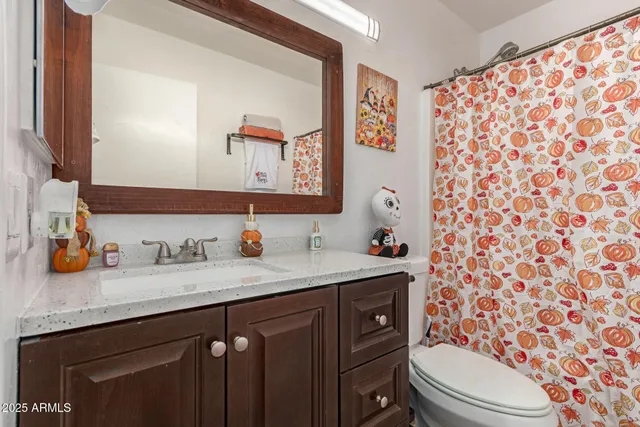 a bathroom with a granite countertop toilet sink mirror and shower