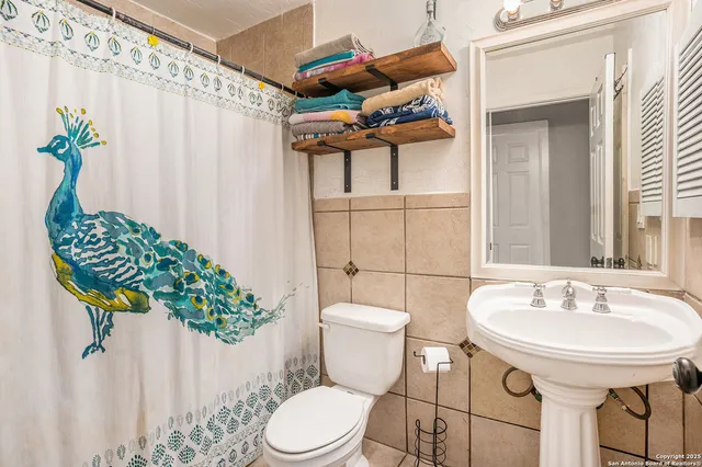 a bathroom with a sink a toilet and a mirror