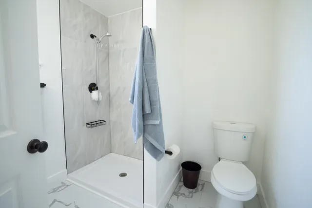 a bathroom with a toilet and a shower