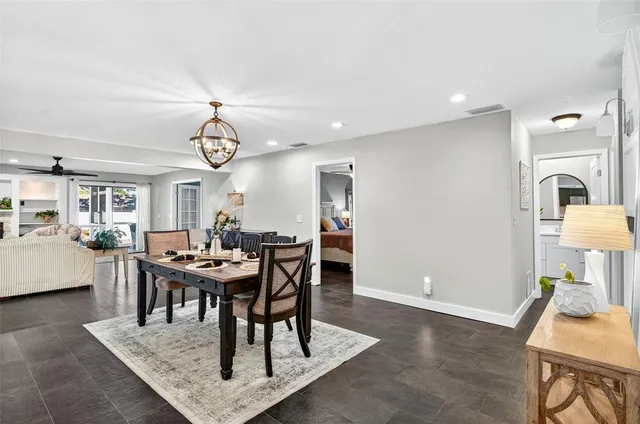 a view of a dining room with furniture