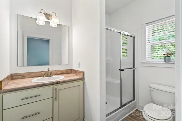 a bathroom with a granite countertop sink toilet and a mirror