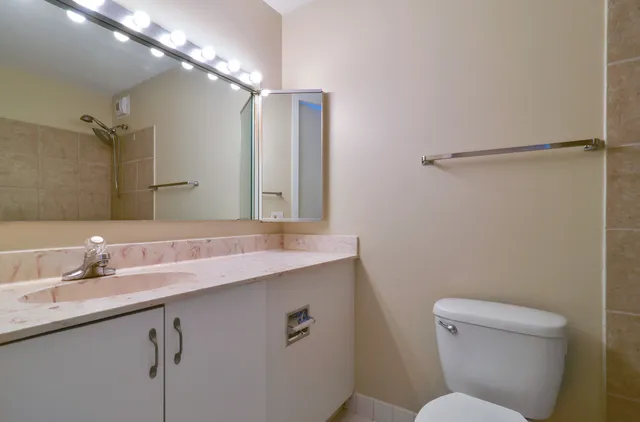 a bathroom with a sink a toilet a mirror and shower