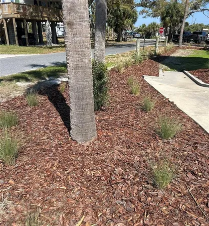 a view of a garden with a building