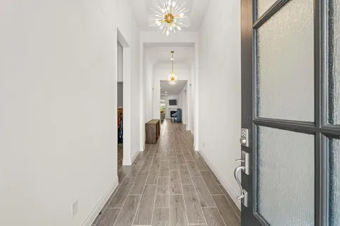 a view of workspace with wooden floor