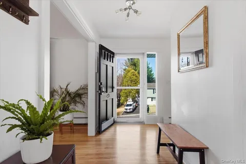 a view of a hallway with wooden floor and a potted plant