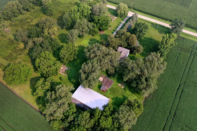 an aerial view of a house with a yard and large trees