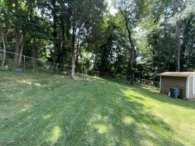 a view of a backyard with a small cabin