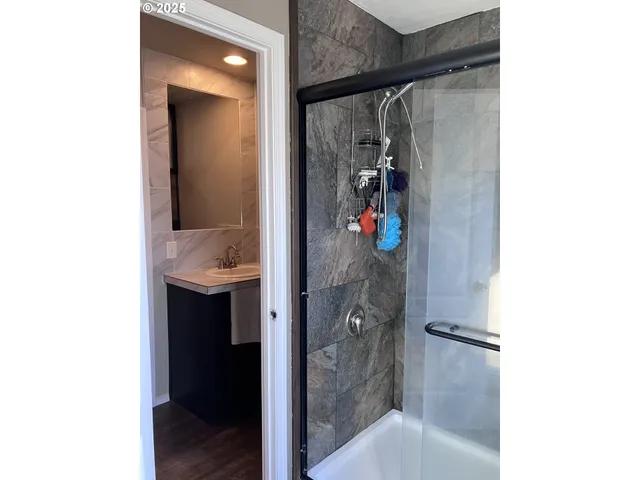 a bathroom with a shower and a sink