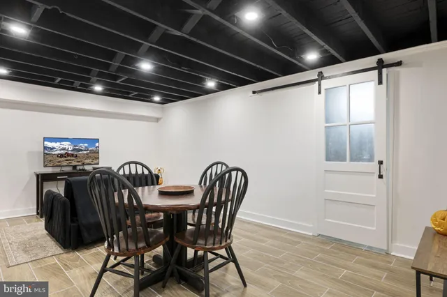 a view of a dining room with furniture
