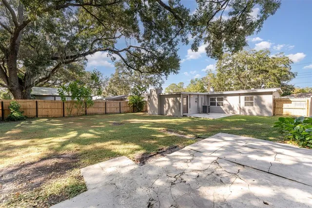 a view of a yard with a large tree