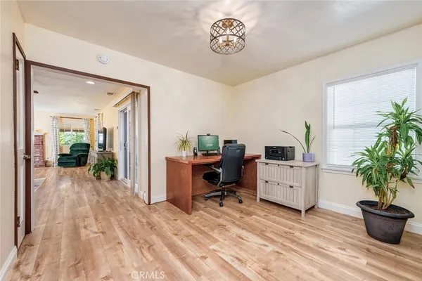 a living room with furniture and potted plant