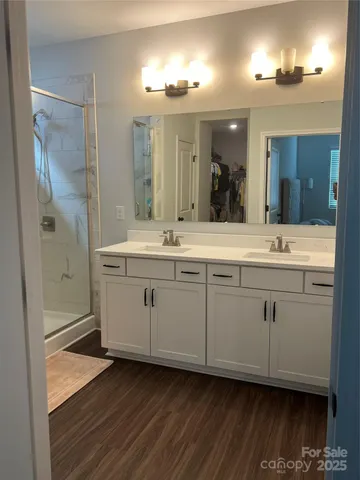 a bathroom with a double vanity sink mirror and shower