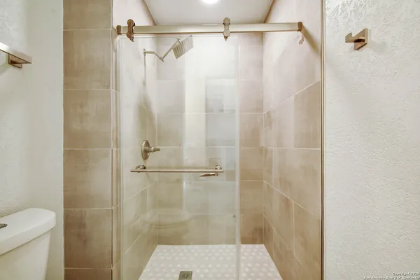 a bathroom with a shower and a toilet