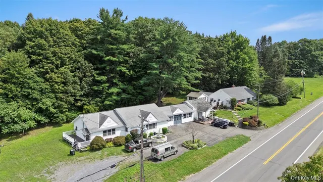 an aerial view of a house with garden