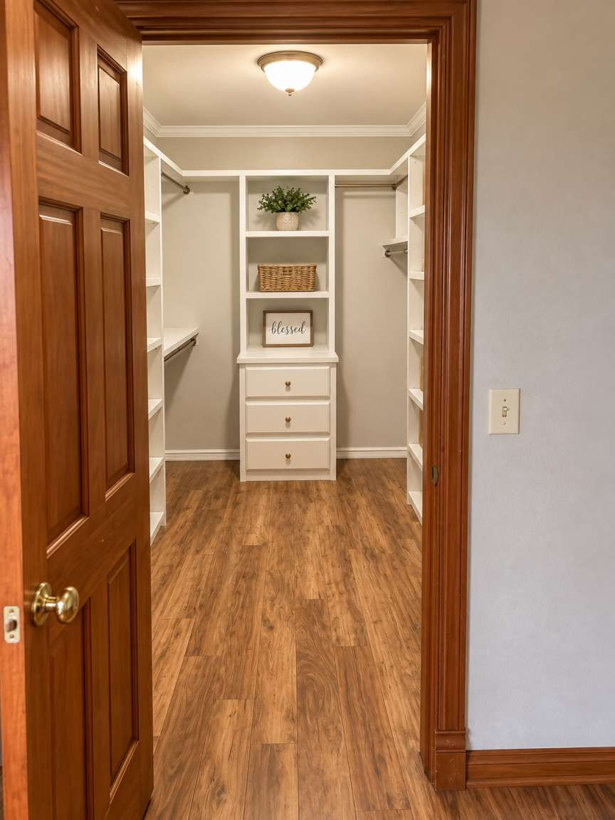 21800 East 450th Road Claremore, OK 74019 - Photo 12 of 23 Walk-in closet with wood-finish flooring, built-in shelving, built-in drawers, and overhead lighting