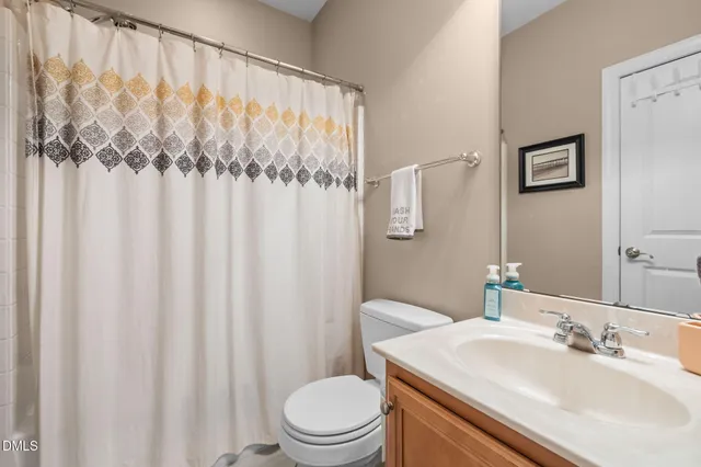 a bathroom with a sink a toilet and shower curtain