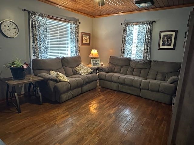 1555 Rich Road Savannah, TN 38372 - Photo 2 of 18 Living room featuring crown molding, wooden ceiling, and wood-type flooring