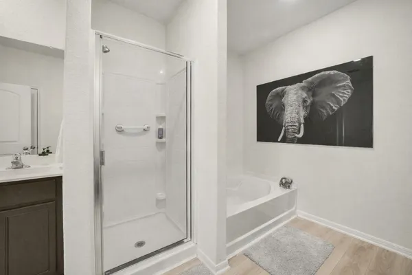 a bathroom with a shower and a bath tub