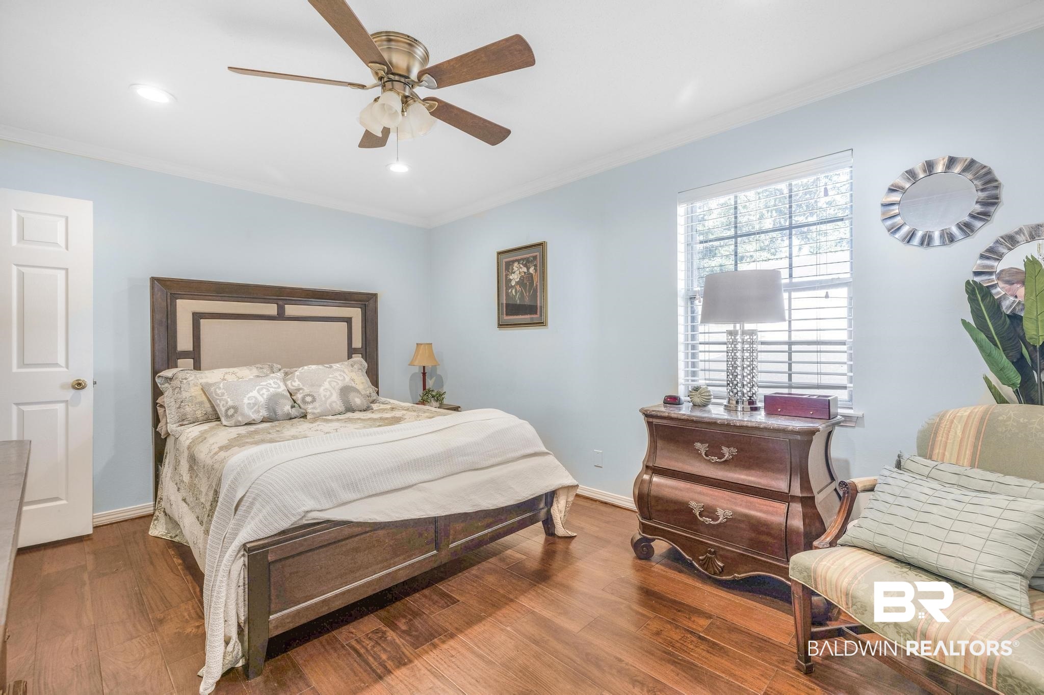 2573 E Road Mobile, AL 36693 - Photo 21 of 45 Bedroom with crown molding, wood finished floors, ceiling fan, and recessed lighting