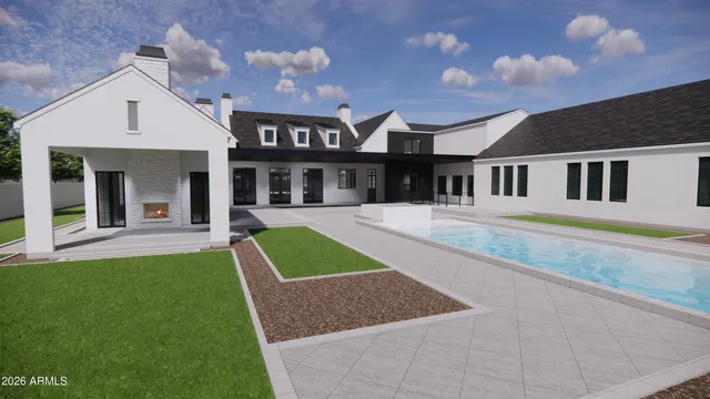 a view of a house with a swimming pool and porch